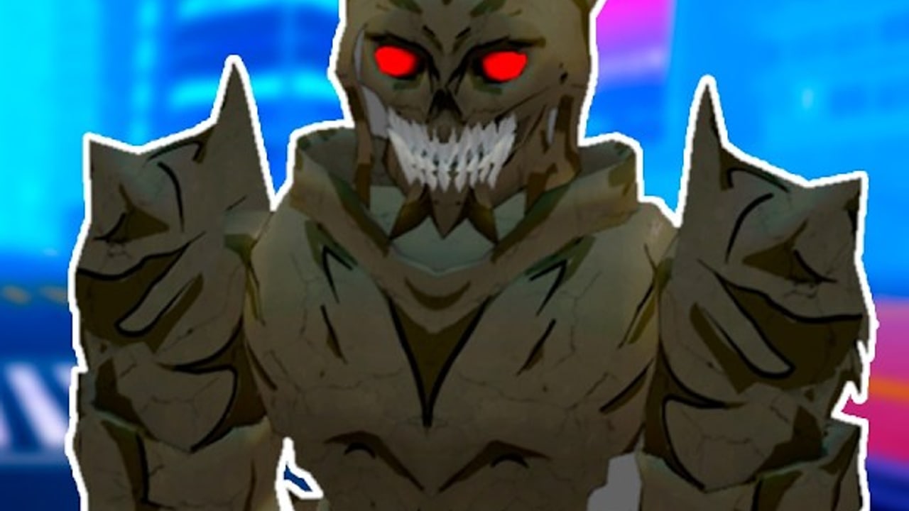 Arise Ragnarok Roblox hunter enemy with stone armor and red eyes in the city street